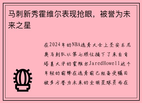 马刺新秀霍维尔表现抢眼，被誉为未来之星